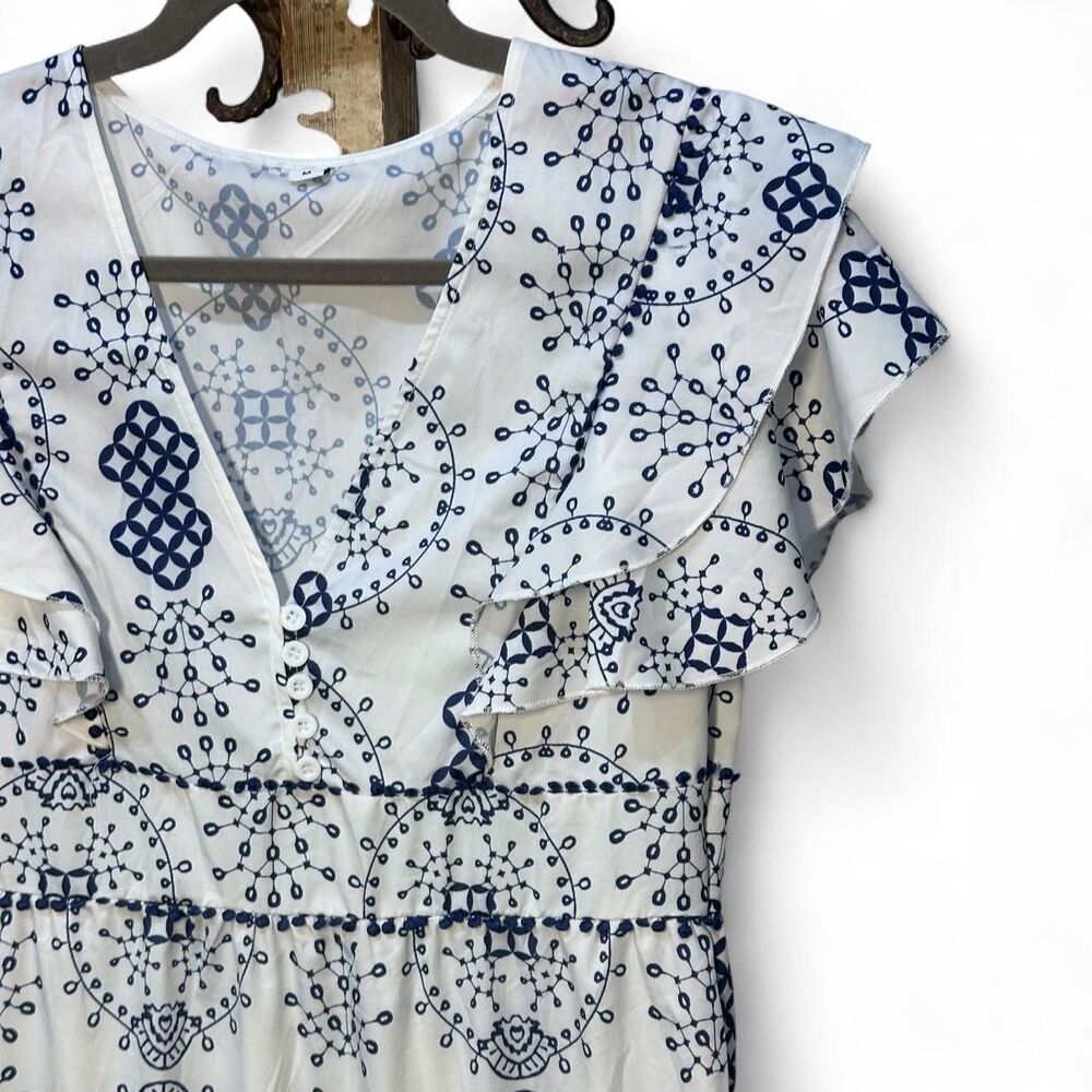 Boho Blue & White Flutter Sleeve Tiered Maxi Sundress Size M - Picture 3 of 6
